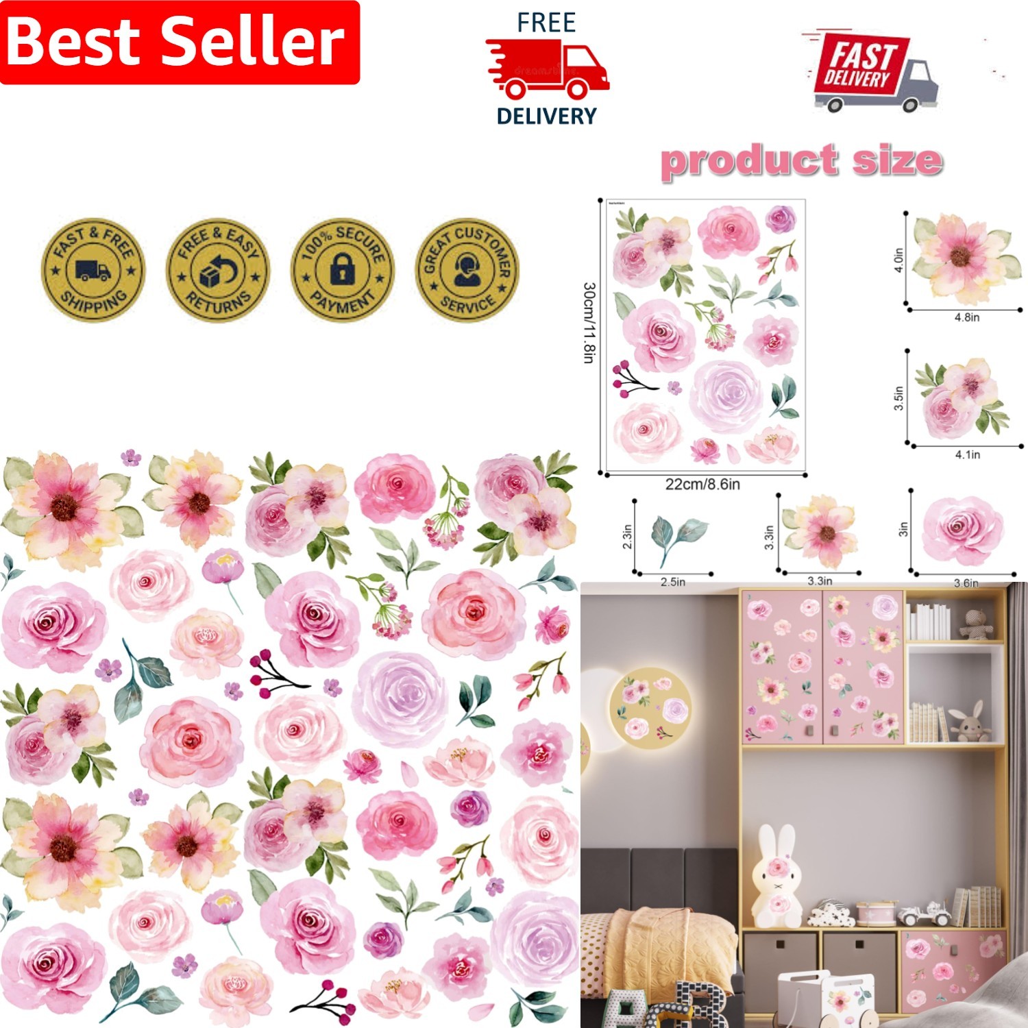 Easy-To-Apply Floral Stickers – 60PCS Watercolor Decor for Kids' Spaces