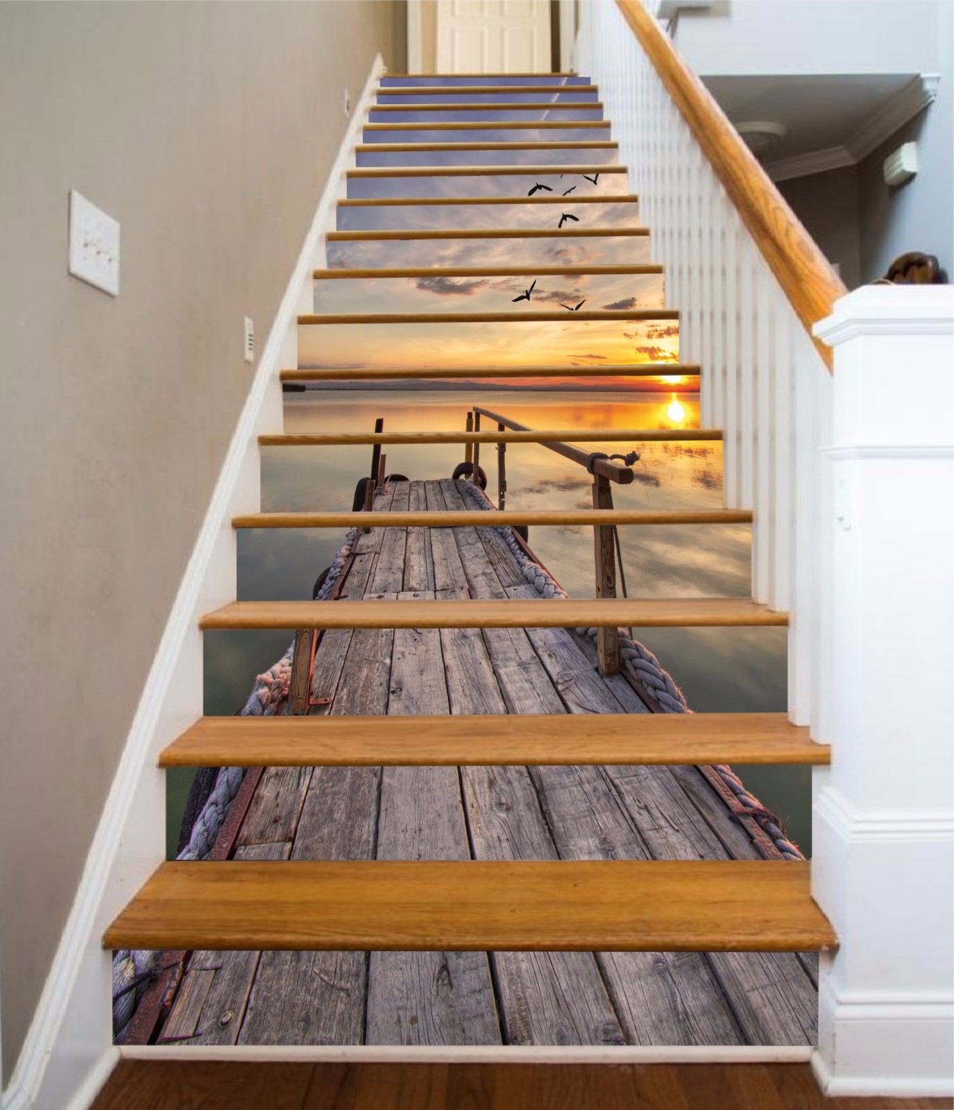 3D Sea Sunset Birds 57 Stair Risers Decoration Photo Mural Vinyl Decal Wallpaper