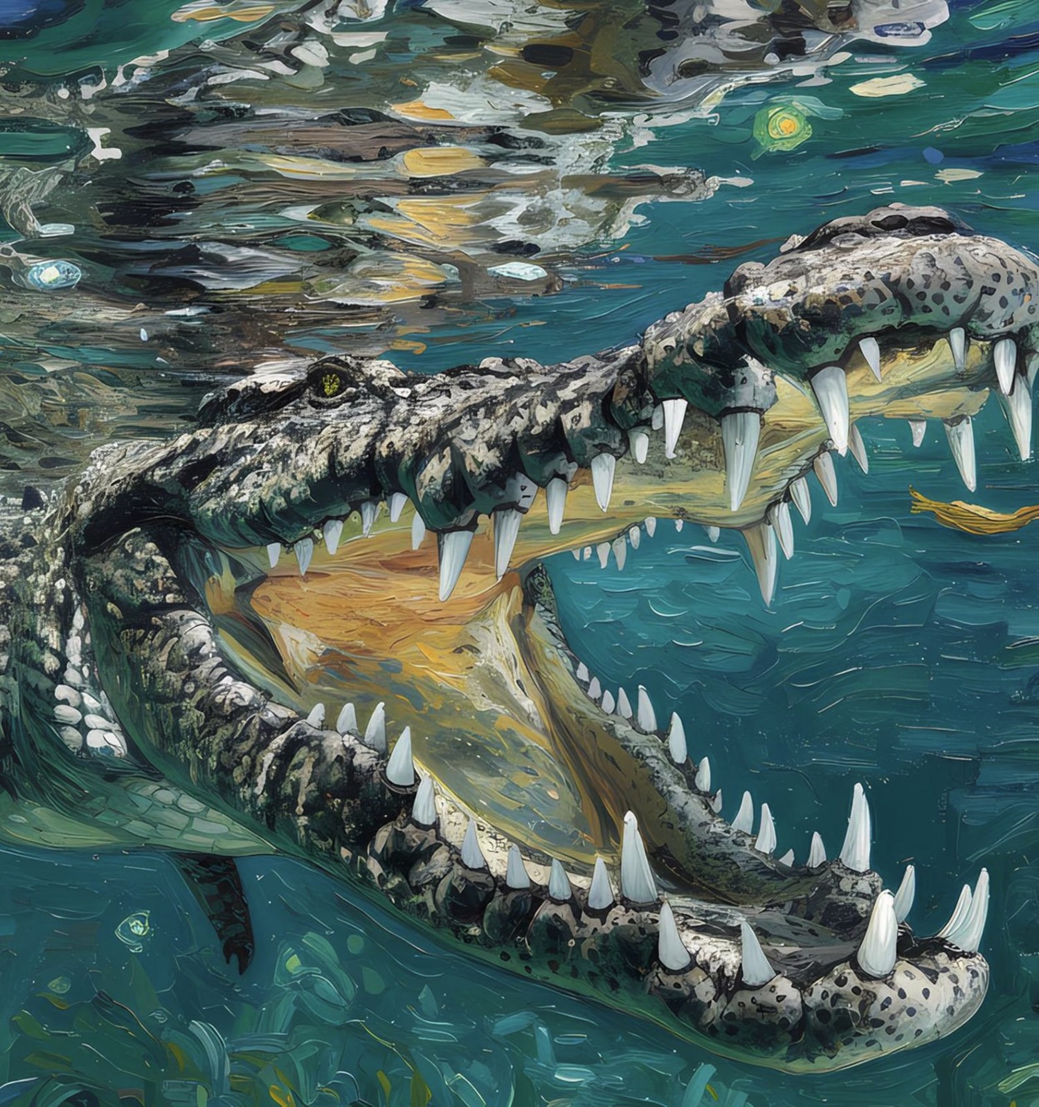 Underwater Alligator Crocodile Wall Mural, Van Gogh Starry Night Style Wallpaper