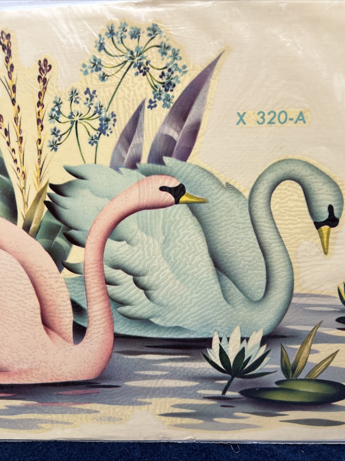 Vintage Meyercord X320-A Pink Blue/Green Swans Lily pads Pond Craft Romantic