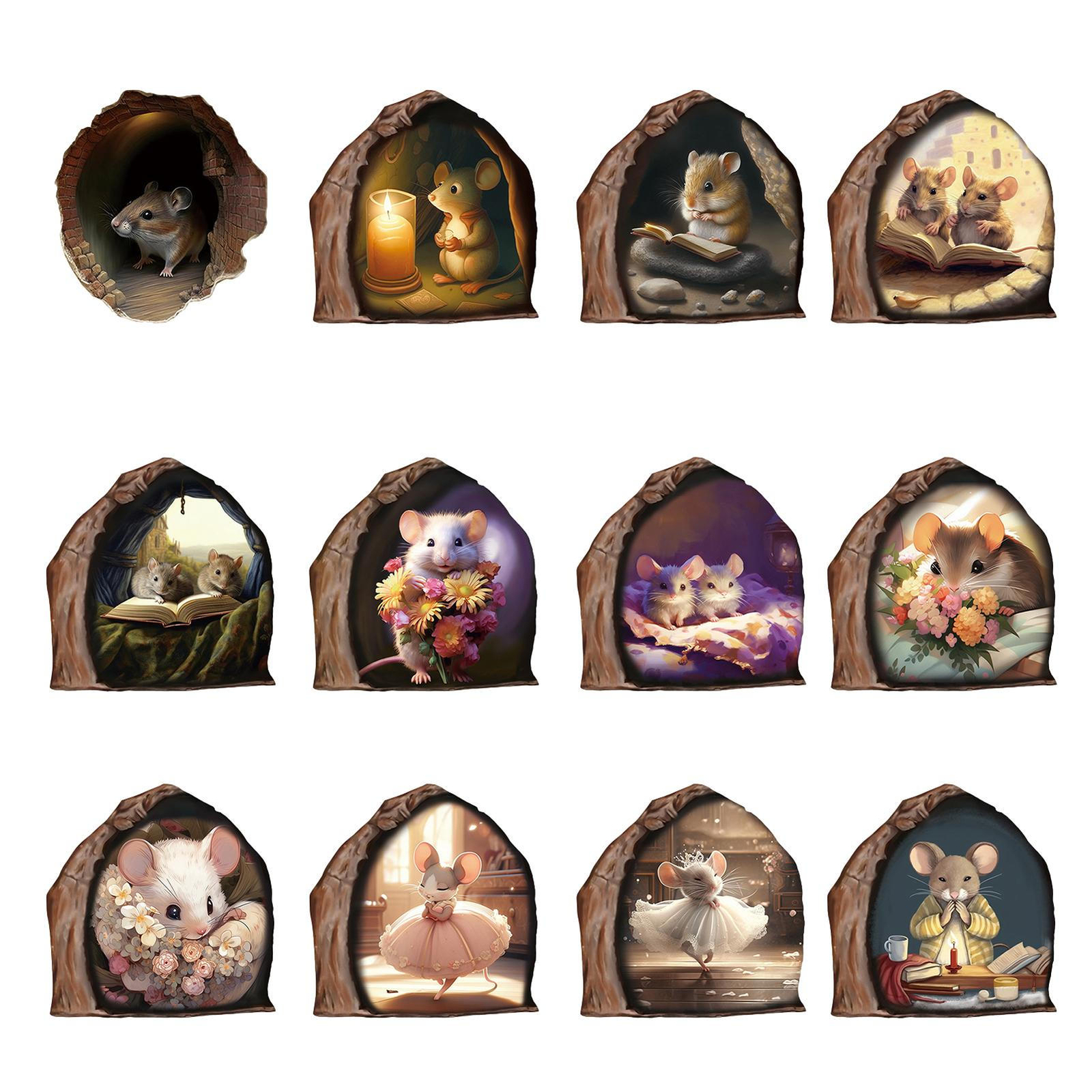 12pcs Realistic Mouse Hole Wall Sticker Funny Cute Mice Home Decal For Skirting