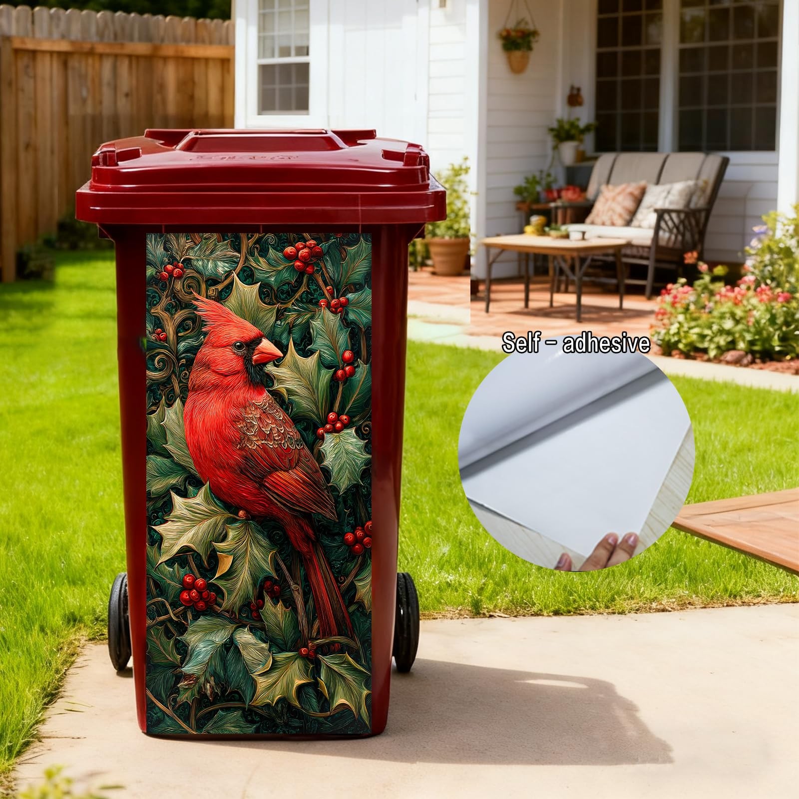 Red Cardinal in Holly Garbage Can Stickers, PVC, 14.57×32.28 Inches – Trash C…