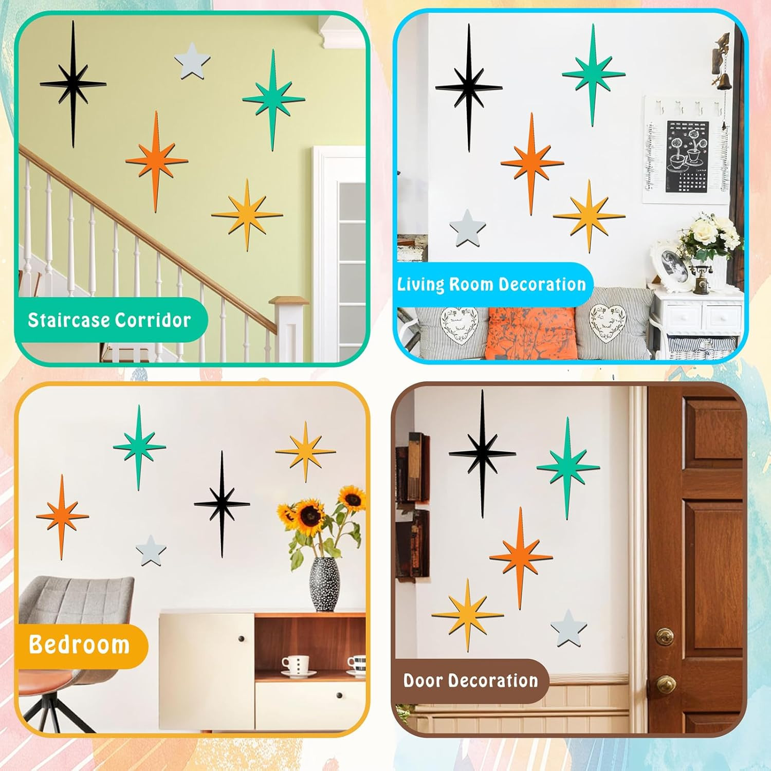 5 Pcs Wooden Atomic Stars Wall Decals Mid Century Wall Decor Modern Star Wall Ar