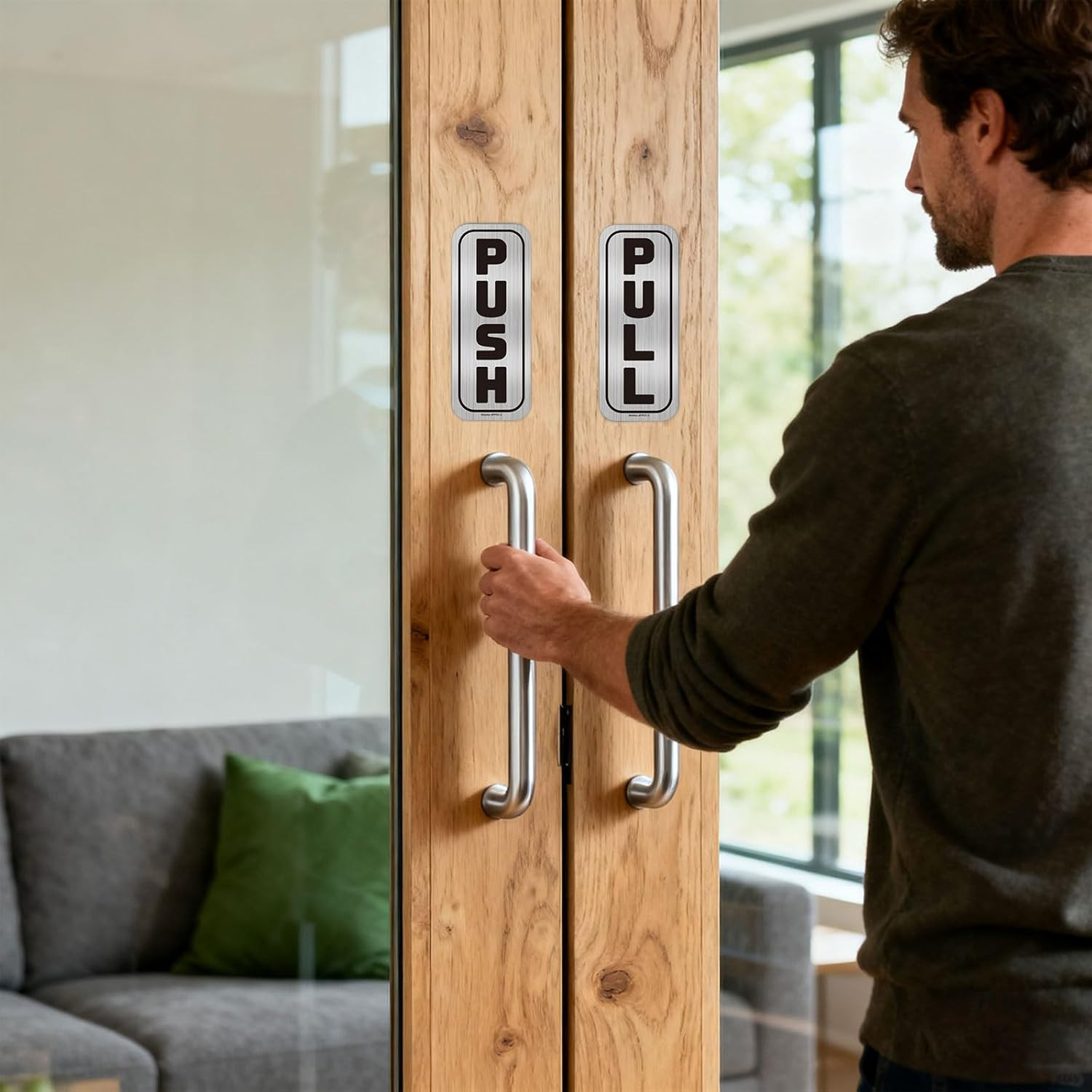 Push Pull Door Stickers 4 Pack (2 Sets), Premium Vinyl Brushed Silver Finish 2X5