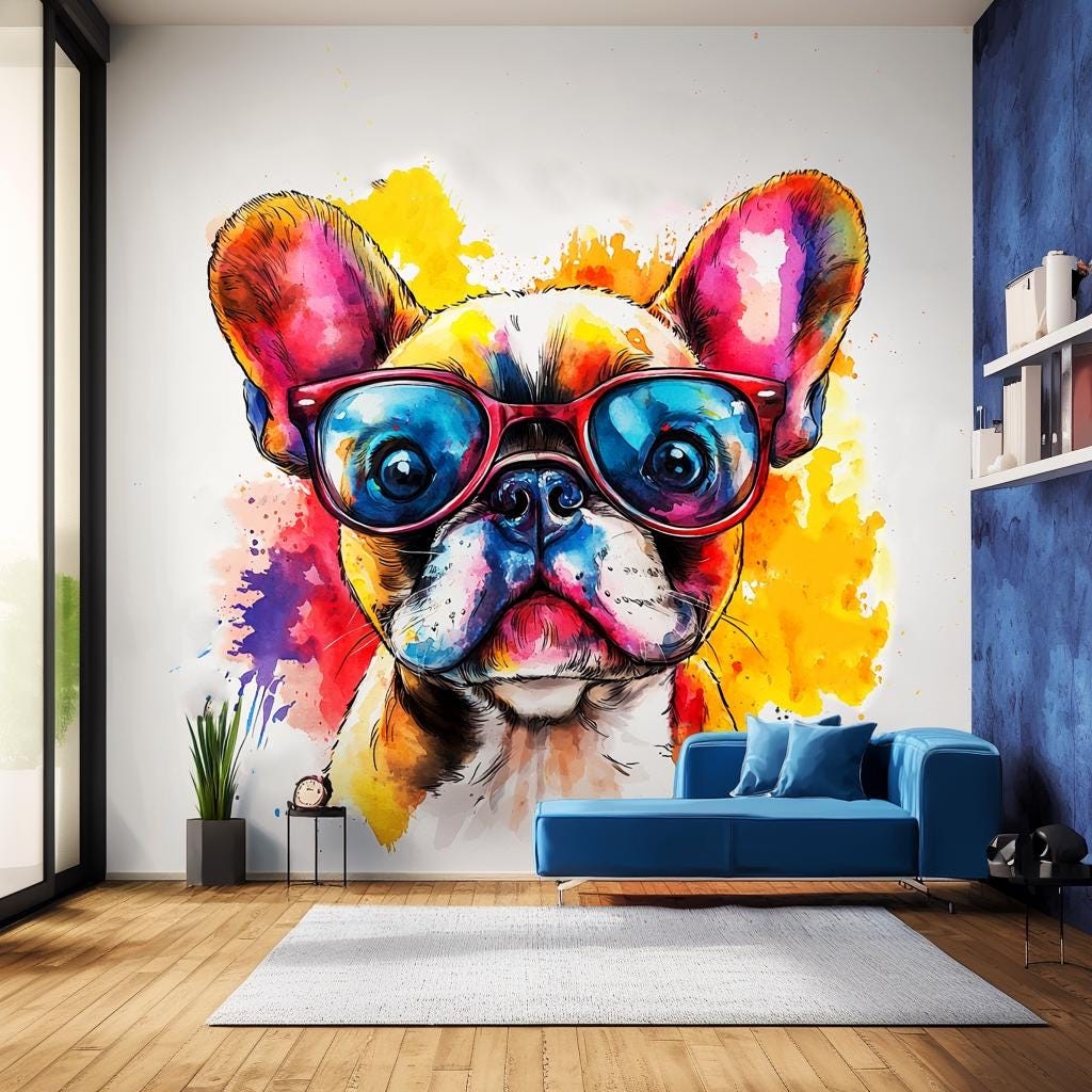 Vibrant Baby French Bulldog Wall Decal with Colorful Sunglasses | Watercolor