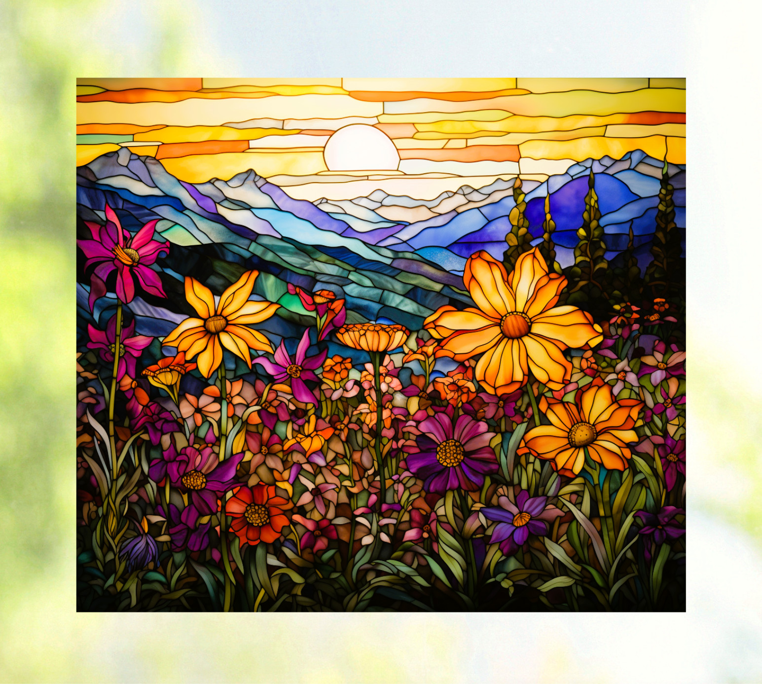 Wildflowers, Mountains & Sunset Faux Stained-Glass WINDOW CLING Size 9.1" Vinyl