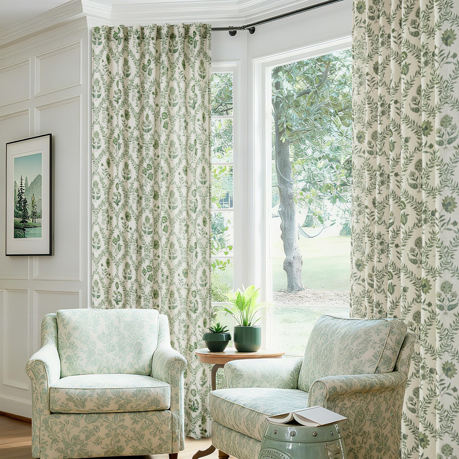 Green Floral Linen Curtains 84 Inch Length for Living Room Bedroom 2 Panels S…