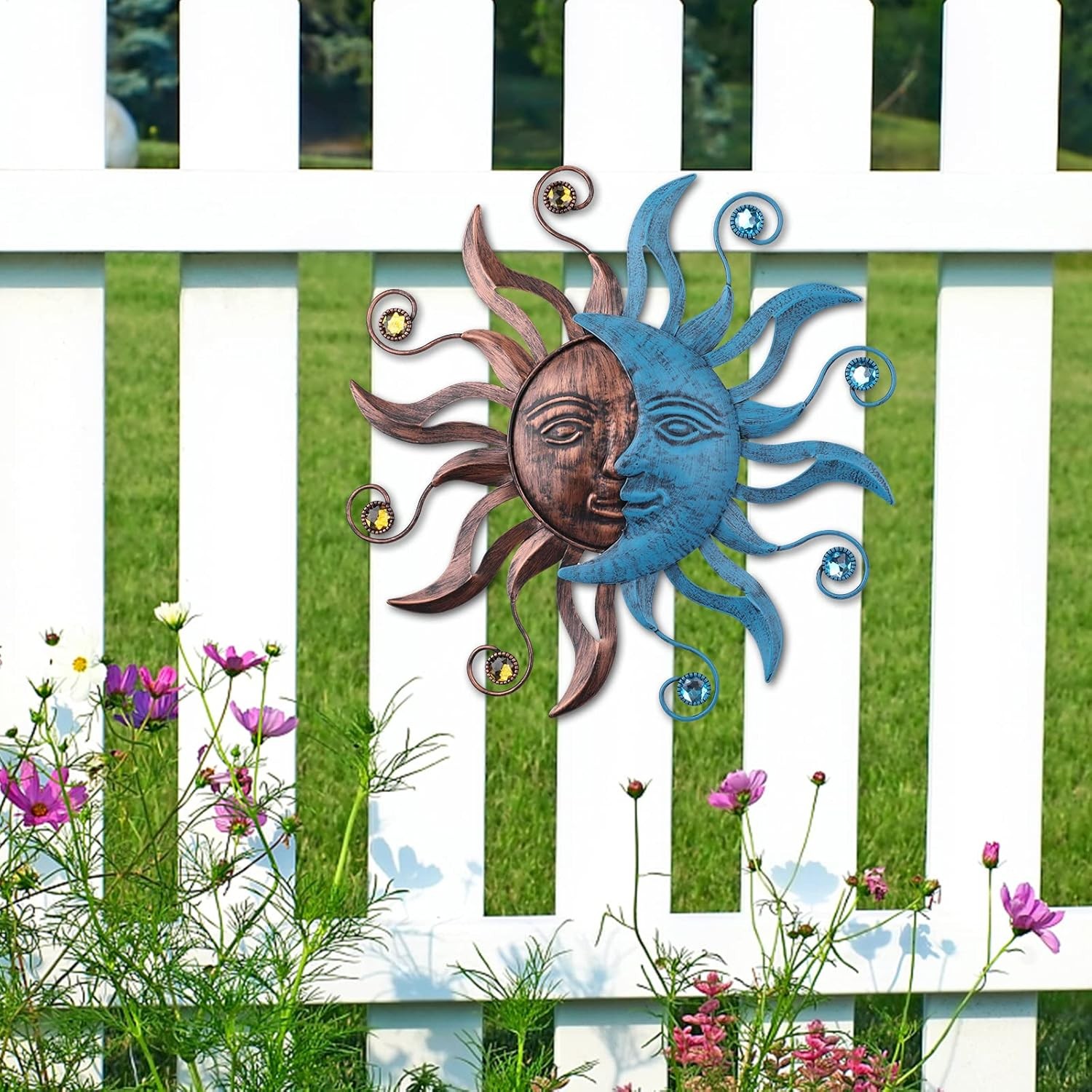 Decoración de pared de metal MUMTOP Sol y Luna, arte mural para exteriores de 13