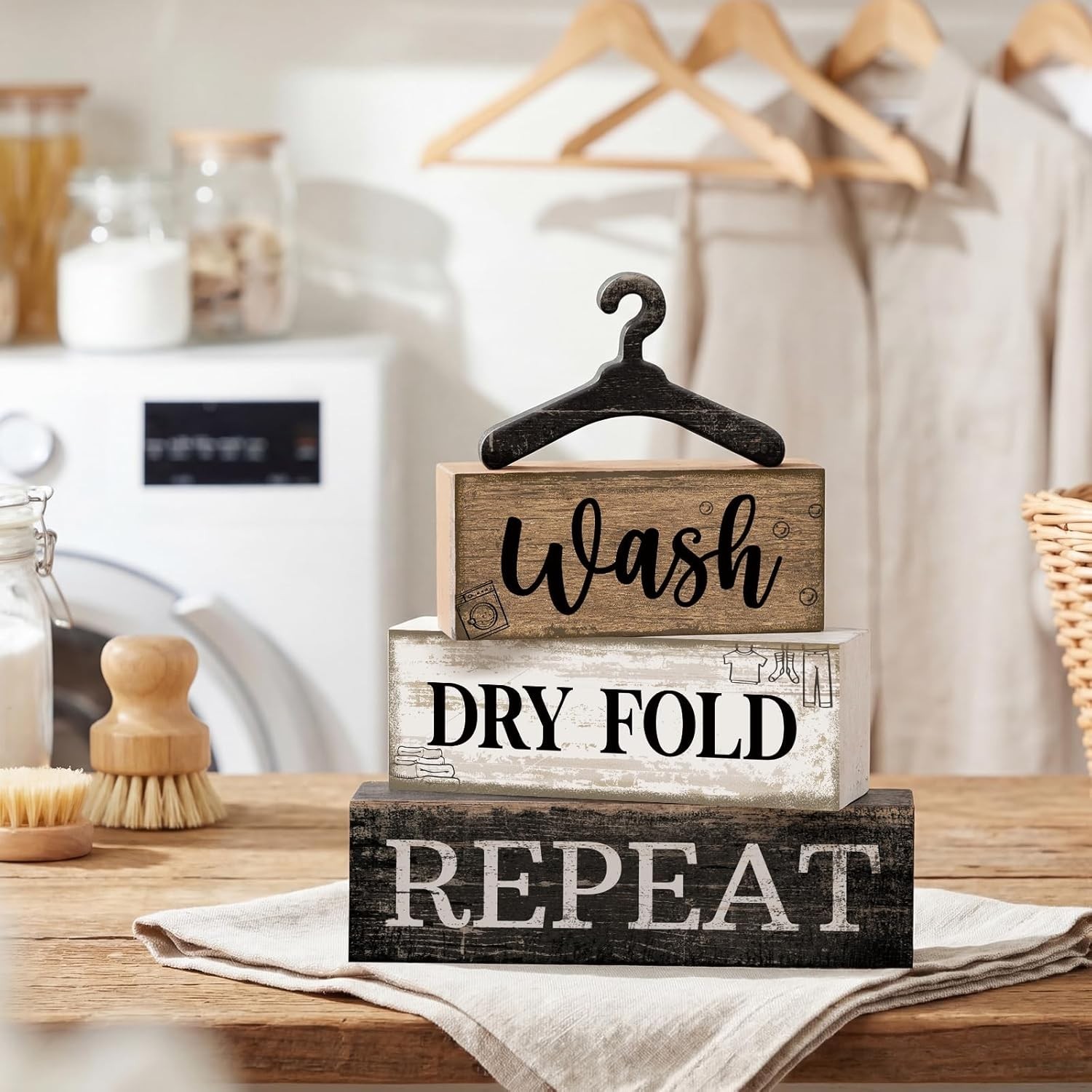 4 Pcs Farmhouse Laundry Room Decor Stacked Blocks, Wash Dry Fold Repeat Woode…