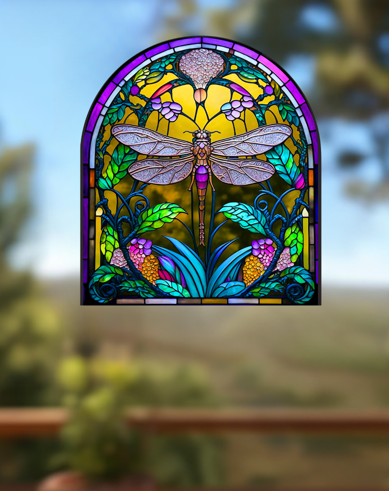 Dragonfly Faux Stained-Glass WINDOW CLING Size 9" Arch Shaped Vinyl