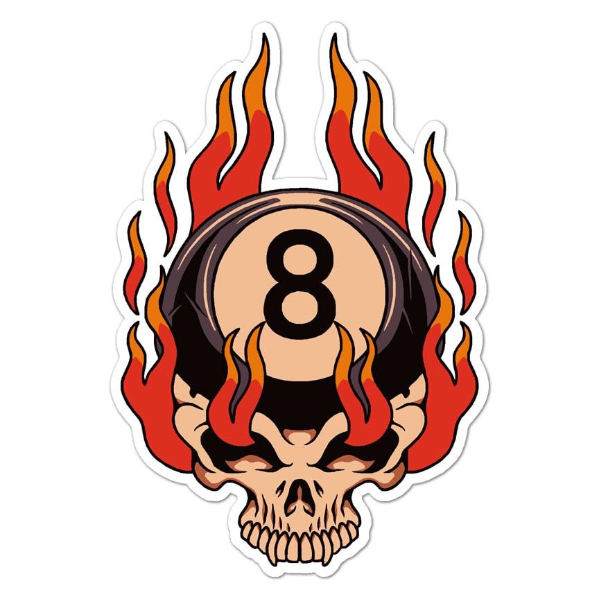 Flames 8 Ball Pool Skull Vinyl Decal Sticker- 3.75" x 4"