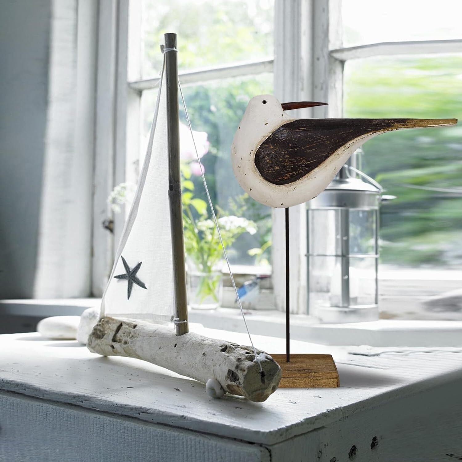 Wooden Sea Bird Statue Seagull On Stand Decor Nautical Coastal Birds Sculpture