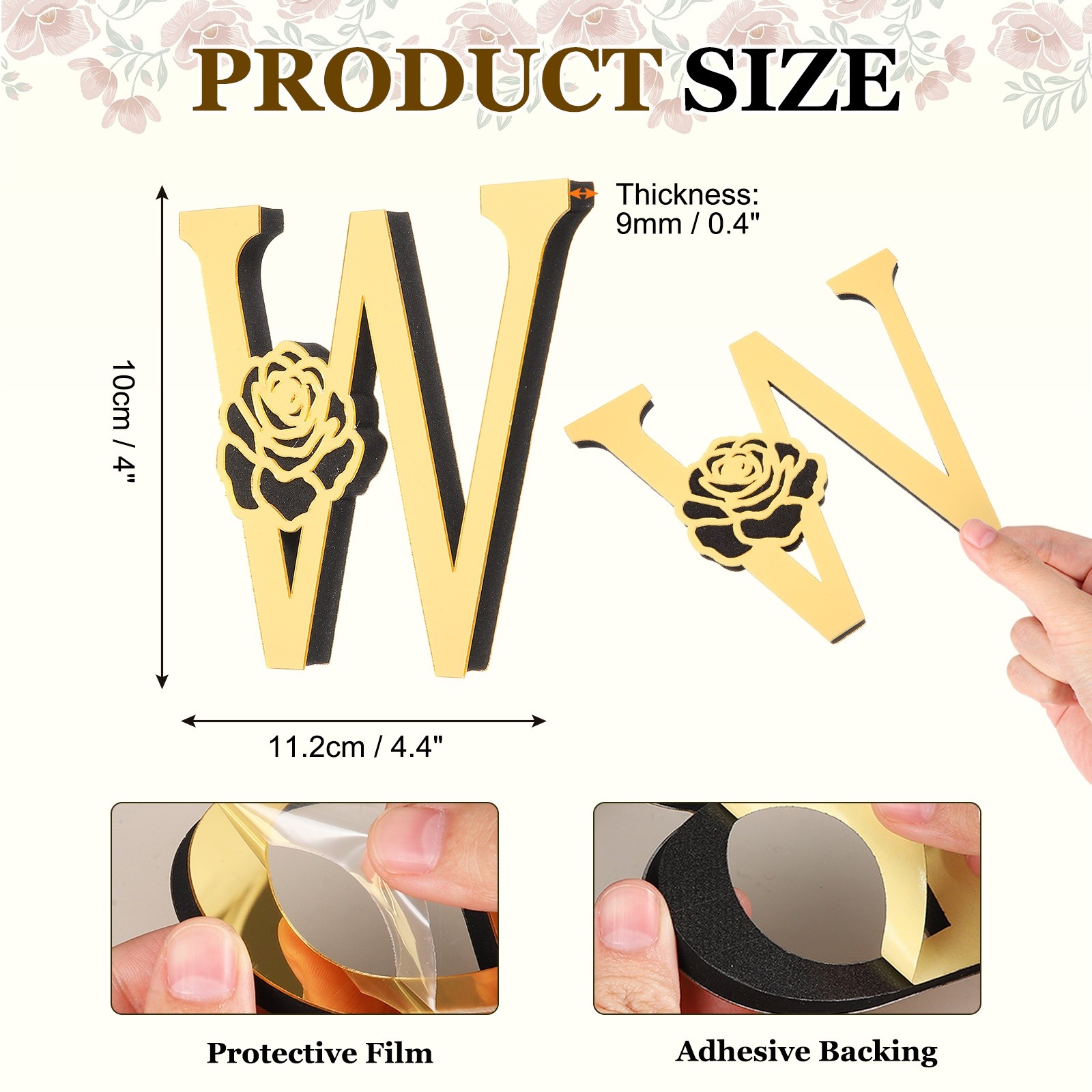 4 Inch 3D Floral Acrylic Alphabet Mirror Wall Stickers Letter W Light Gold