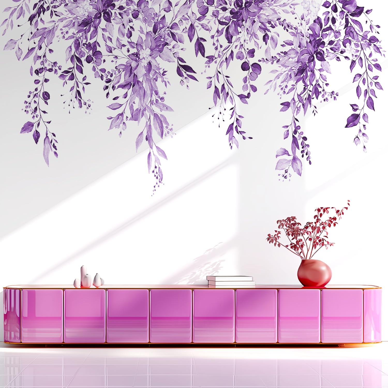 Purple Plants Leaves Wall Decals Peel and Stick, Floral Flowers Wall Stickers…