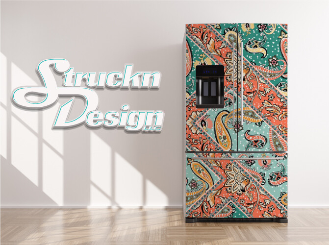 Mosaic Loral Paisley Motifs Blue Green Fridge Freezer Wrap Side Door Vinyl Decal