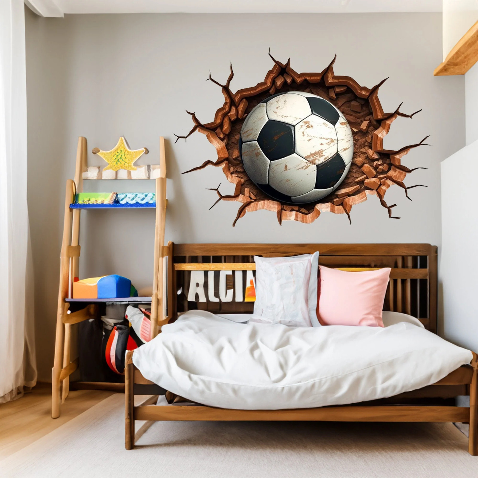 3D Football Wall Decal – Boys Room Breakthrough Sticker – Sporty Soccer Art –