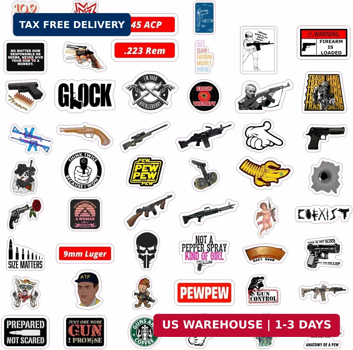BulbaCraft 100Pcs Funny Gun Stickers, Firearm Stickers, Guns and Ammo Decals, Ta