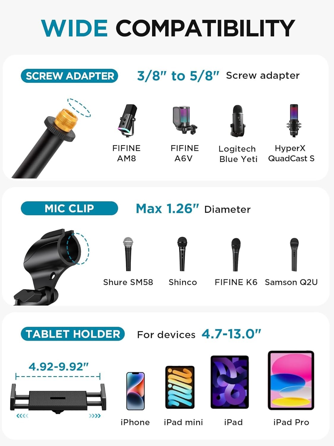 Mic Stand, 6 in 1 Microphone Stand Floor with Tablet Phone Holder Height Adjust