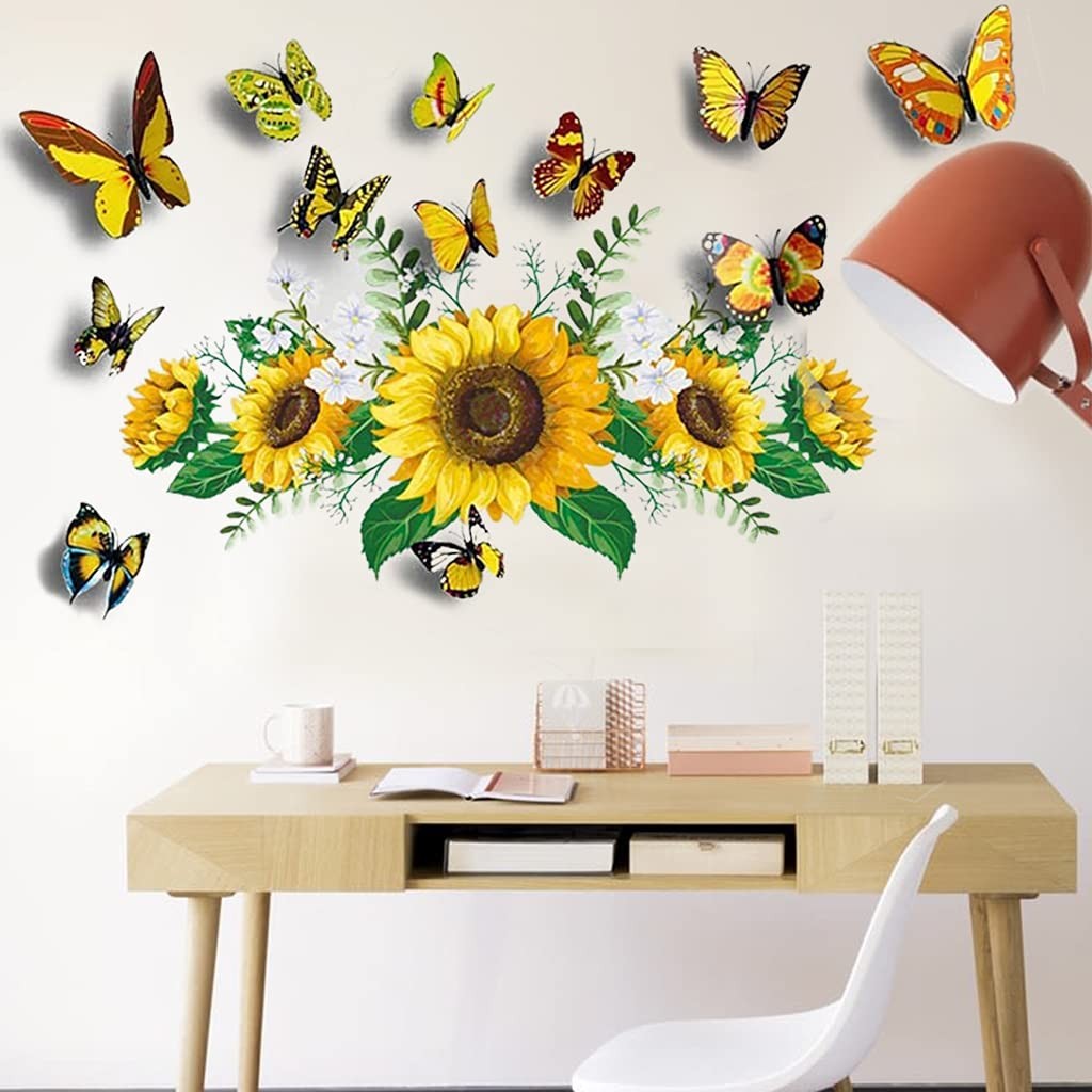 Sunflower Wall Stickers with 3D Butterfly Sticker, Yellow Sunflower-1