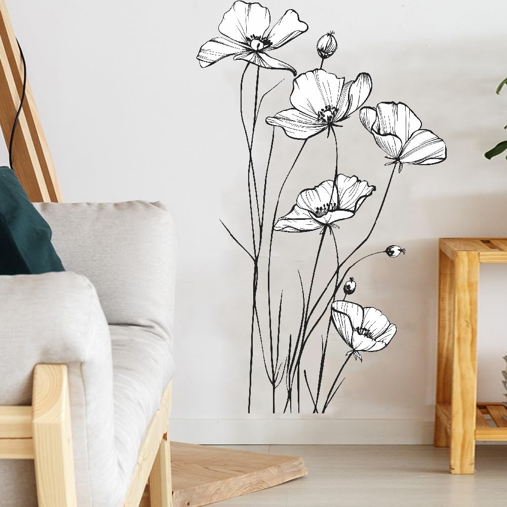 Black and White Poppy Flower Wall Decal Minimalist Sketch Botanical Wall Art …