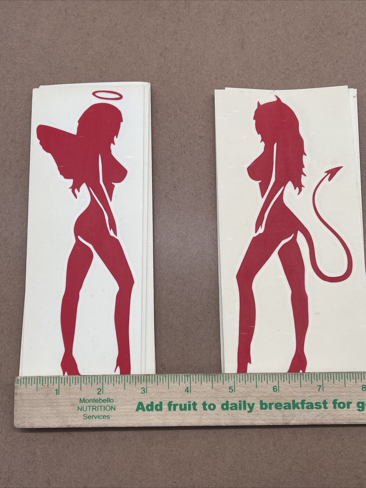 Set Of 2 Devil & Angel Girls Red Vinyl Decal: 8” X 3”, Not For Porous Surfaces