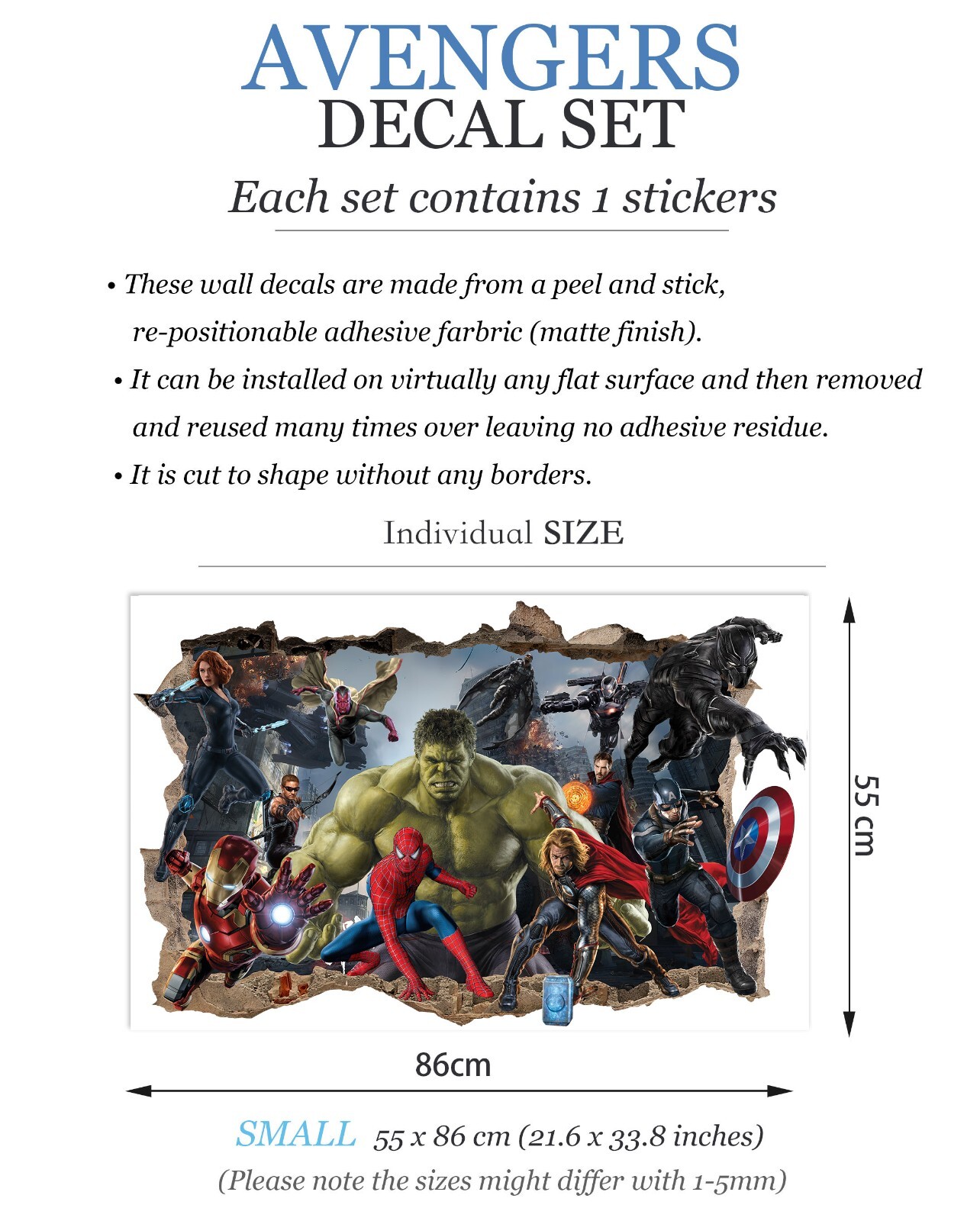 Superheros Hulk Spiderman Avengers Smashed Wall Decal Sticker 3D Wall Decor