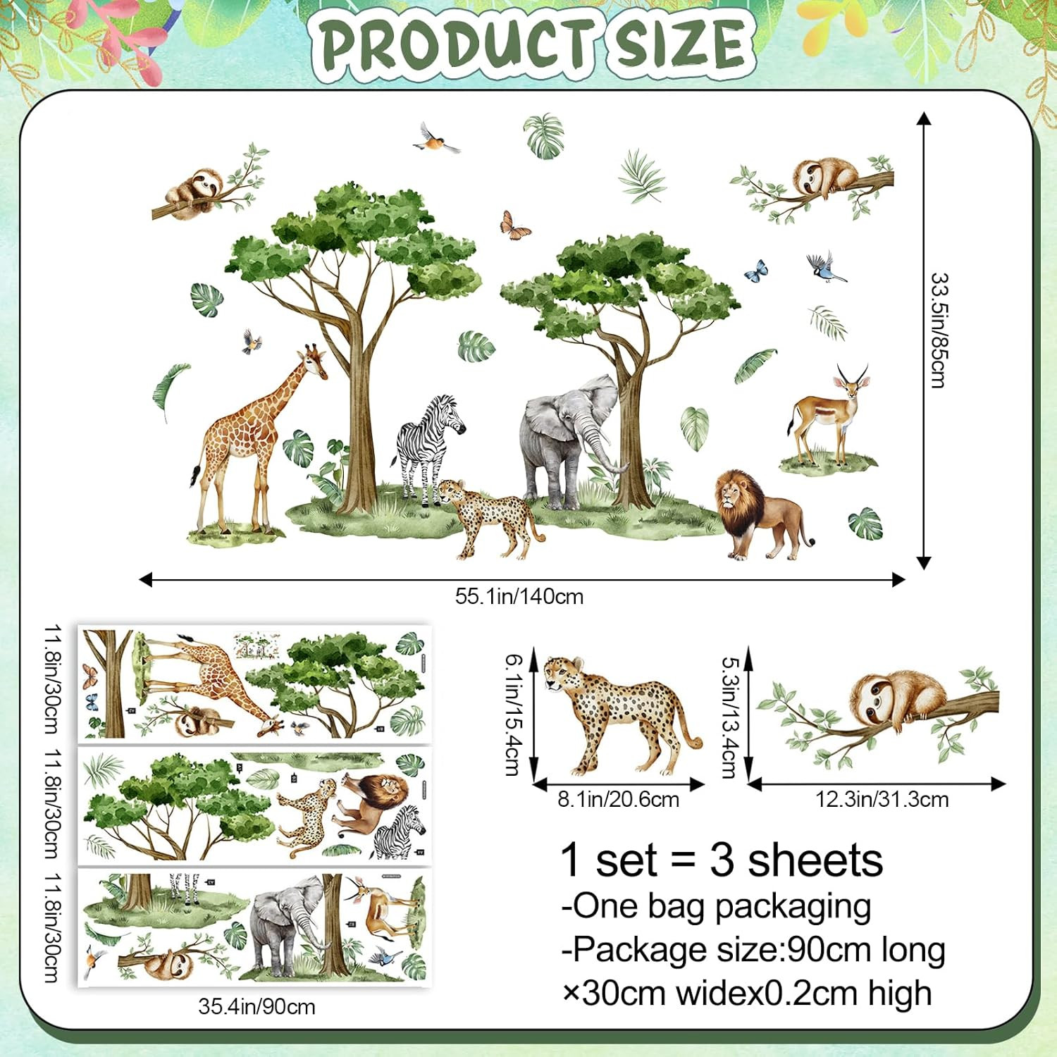 Watercolor Safari Animals Tree Wall Decals Removable Jungle Giraffe Lion Elephan