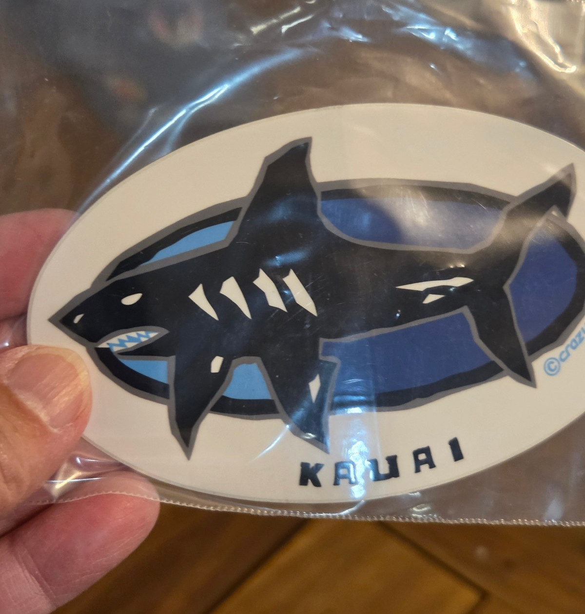 NEW, sturdy vinyl sticker, vinyl decal, HAWAII, oval SHARK, Kauai, 5 x 3"