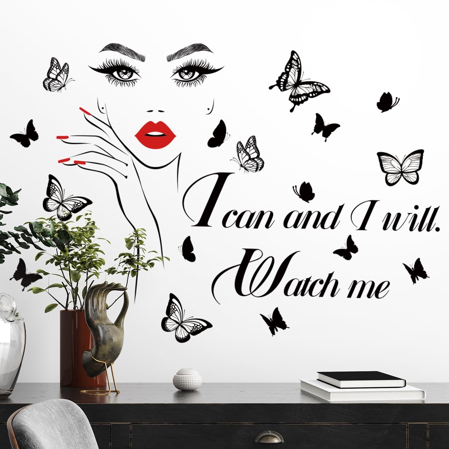 3D Inspirational Quotes Wall Decals Removable DIY Red Lips Girl and Motivatio…