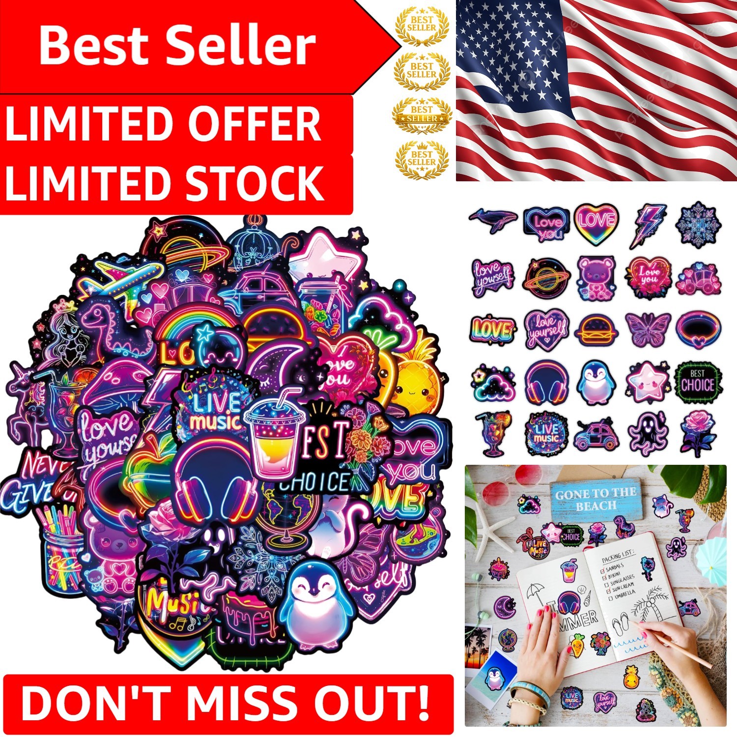 50 Unique Neon Stickers – Waterproof Vinyl Graffiti Decals for Personalization