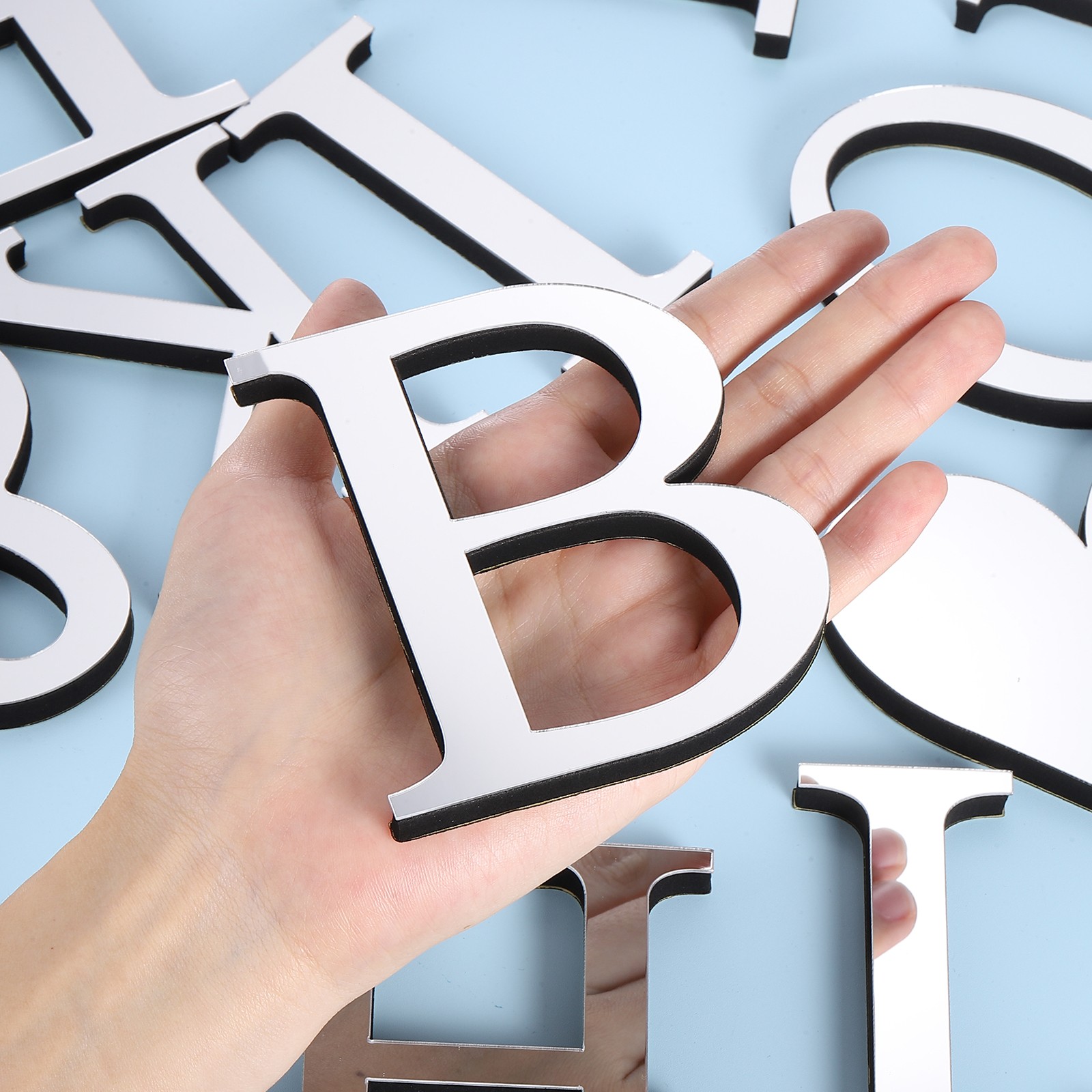 3D Acrylic Alphabet Mirror Wall Sticker Letter B Self-Adhesive Silver Tone