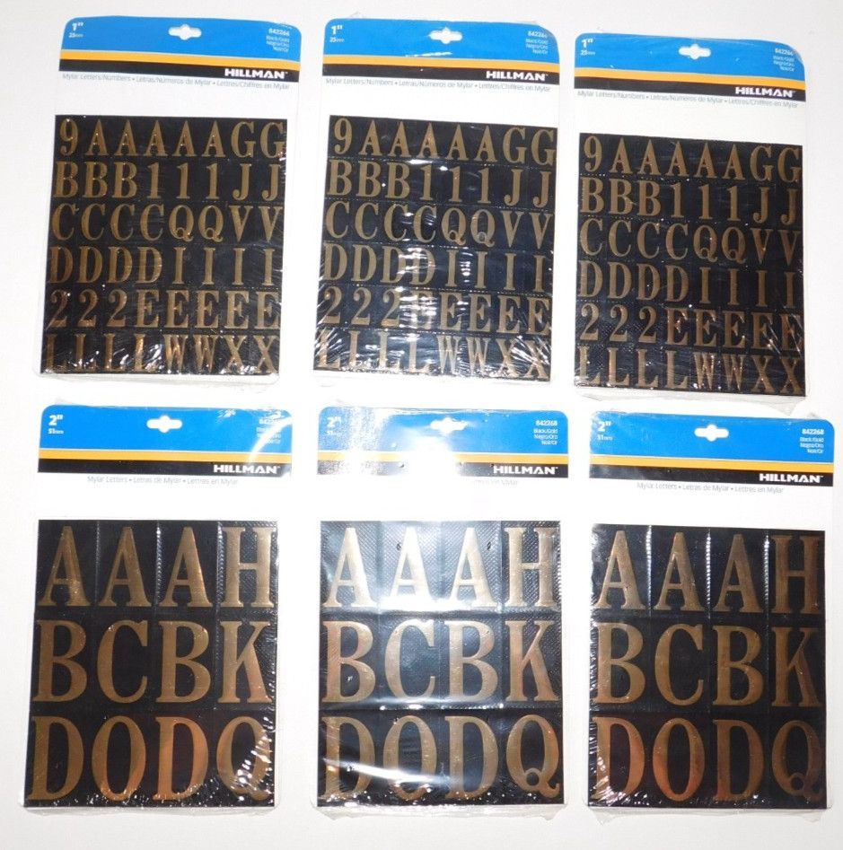 HILLMAN MYLAR LETTERS NUMBERS 1" & 2" 3 PACKS OF EACH 84268 84266 Black Gold