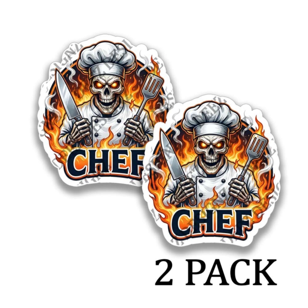 Chef Skeleton Vinyl Sticker Funny Skull Kitchen Decal for Truck Laptop 2 PACK