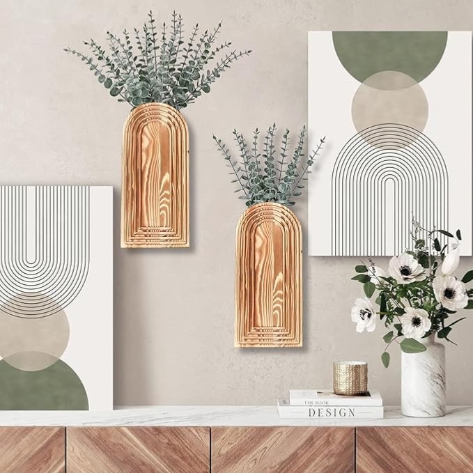 2 Pack Wooden Wall Vase Set Brown Farmhouse Boho Decor Hallway Entry