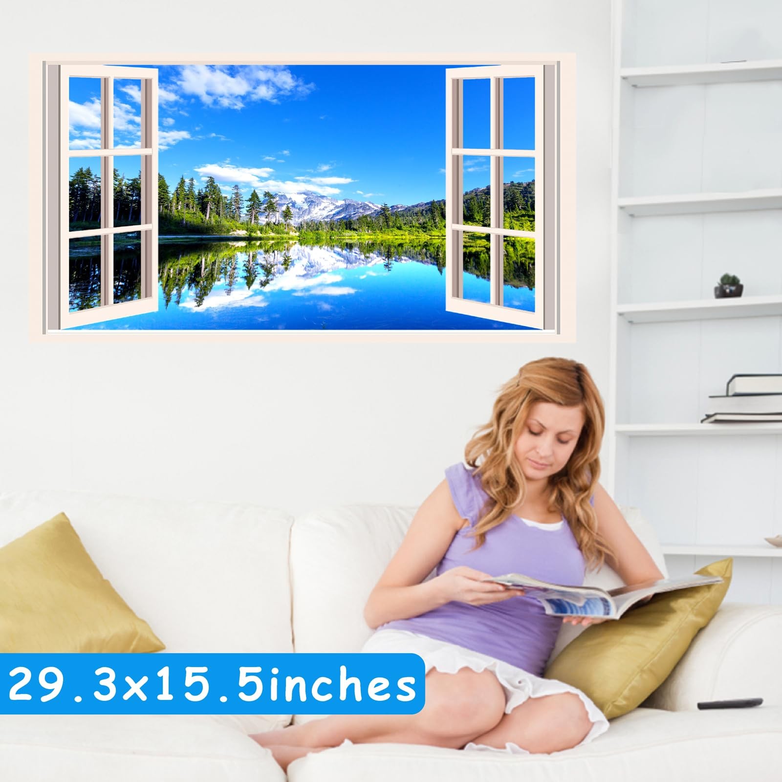 Fake Window Wall Stickers 3D Forest Lake View Mountain 3d Scenery a