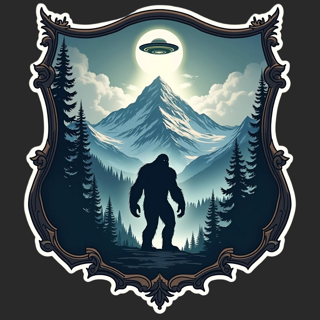 Bigfoot sticker vinyl decal alien ufo mountain forest night silhouette