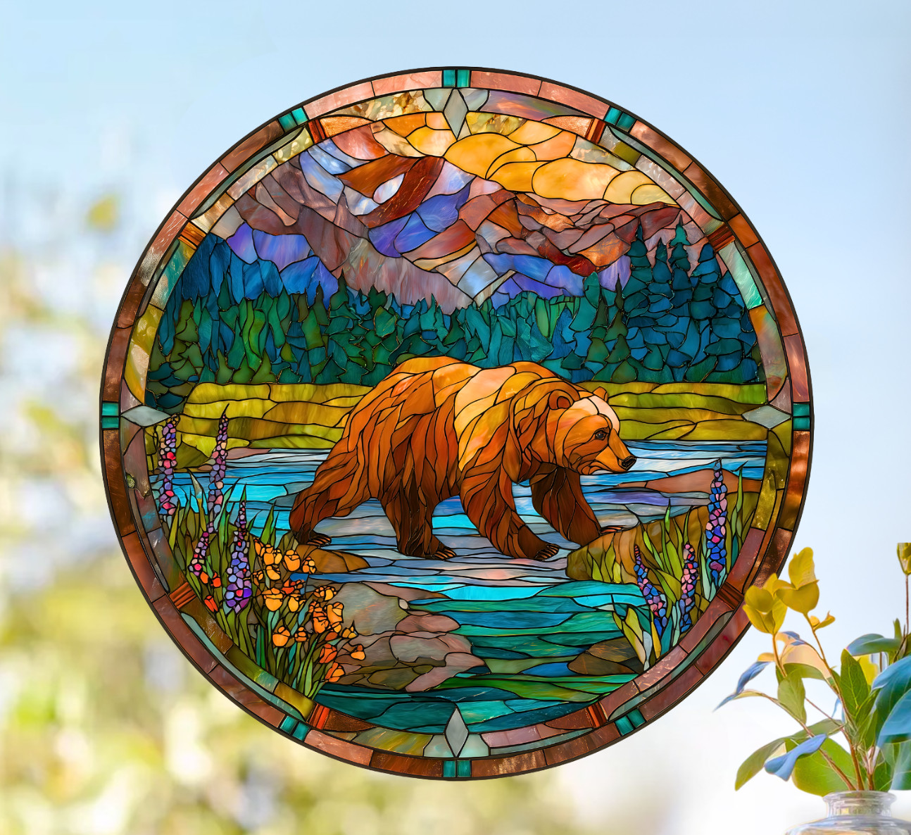 Bear Faux Stained-Glass WINDOW CLING Sun-catcher Size 8"