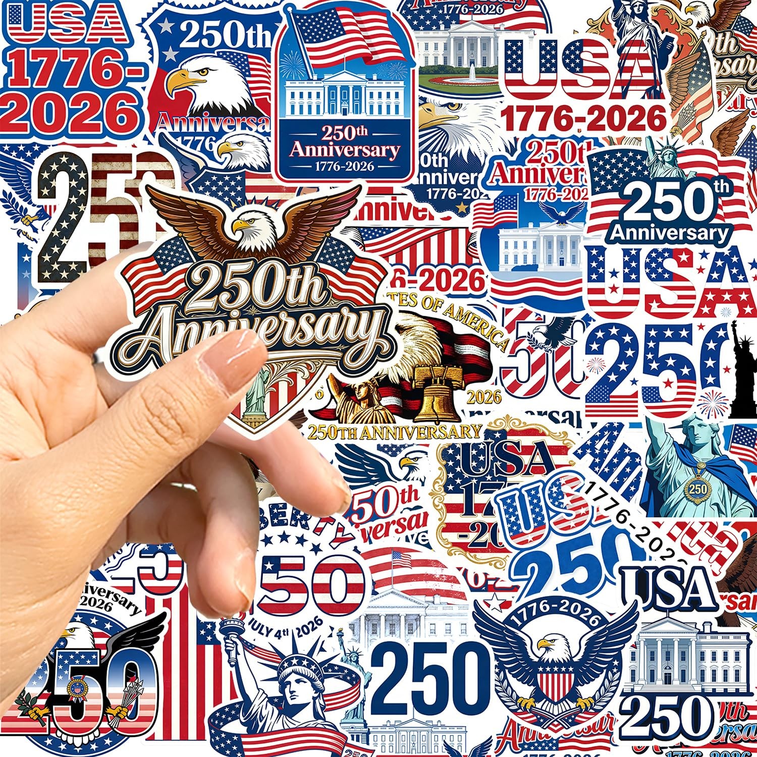 50Pcs 250th Anniversary Sticker 2.5 inches x 2.48 x 0.1 inches, White