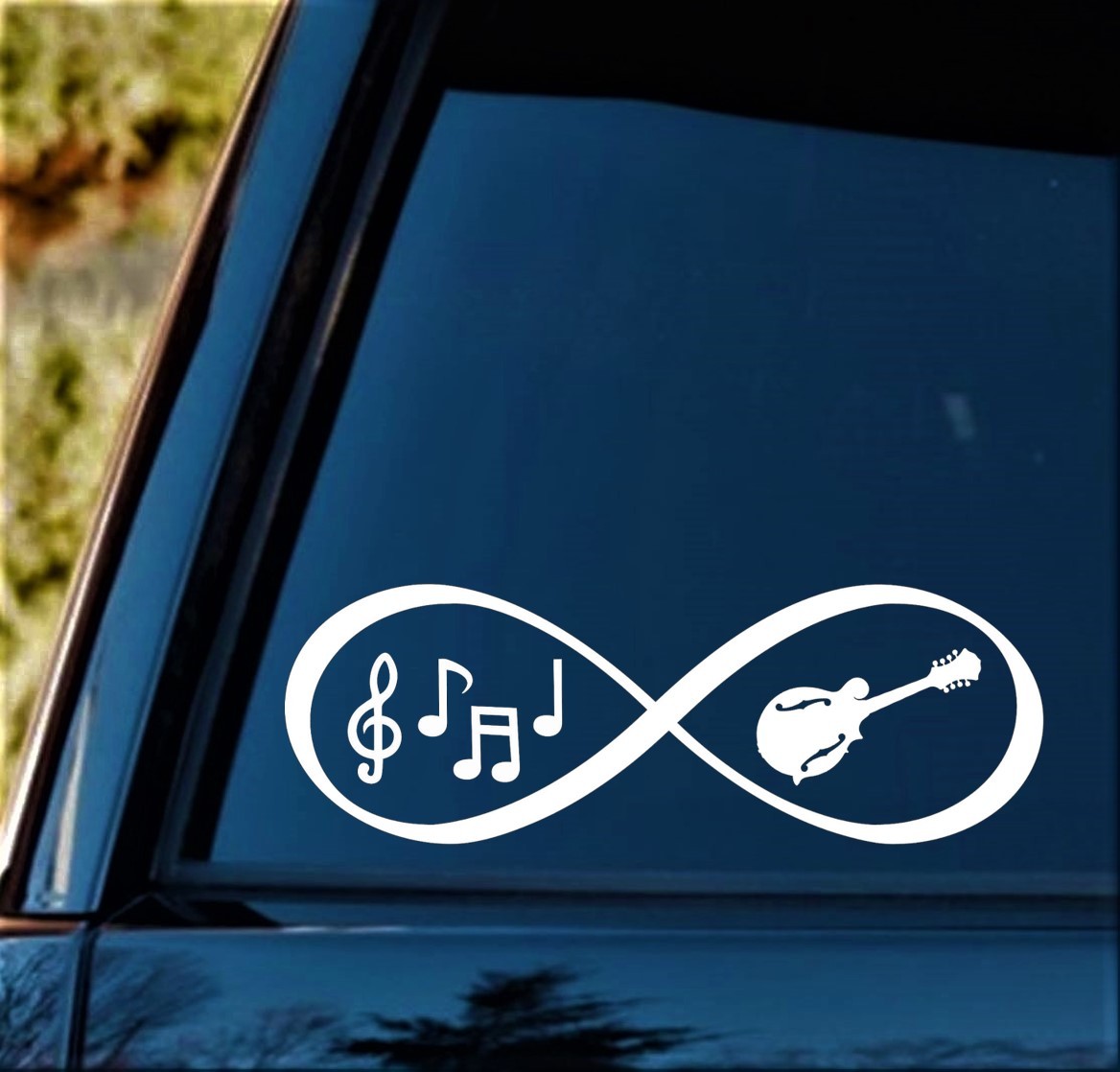 Mandolin Bluegrass Music Notes Infinity Decal Sticker for Car Window BG 189