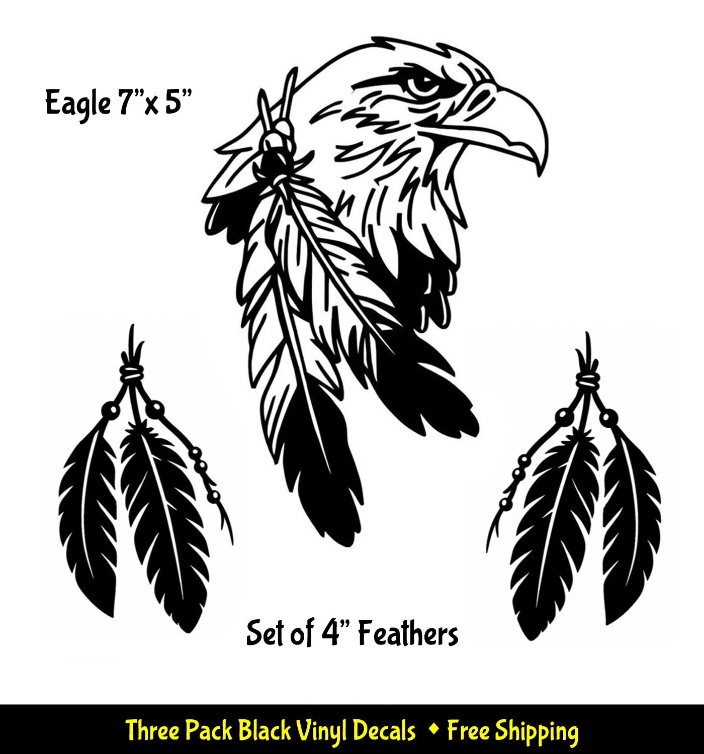 7" Bald Eagle with Feathers & Two 4" Feathers Black Vinyl Decals Windows Car