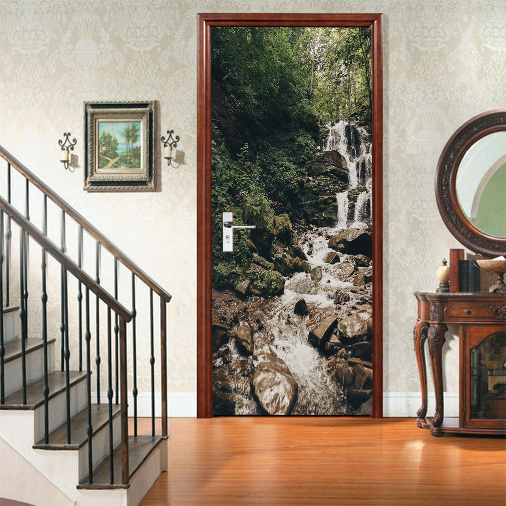 Door, Wall STICKER – Green Forest River Scenery 3D Waterproof Murals Decal Cover