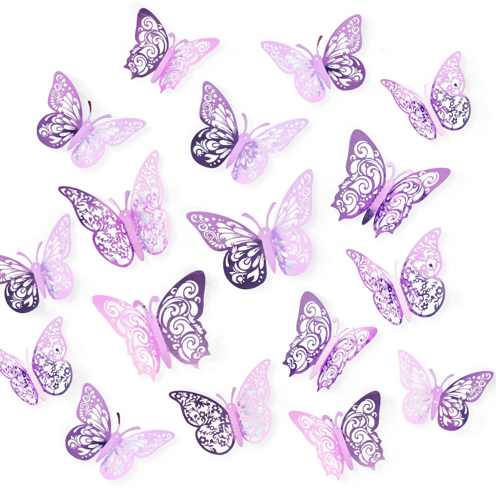 72 Pcs Butterfly Decorations, 3 Sizes 3 Styles, Wall Decor, Lavender Purple