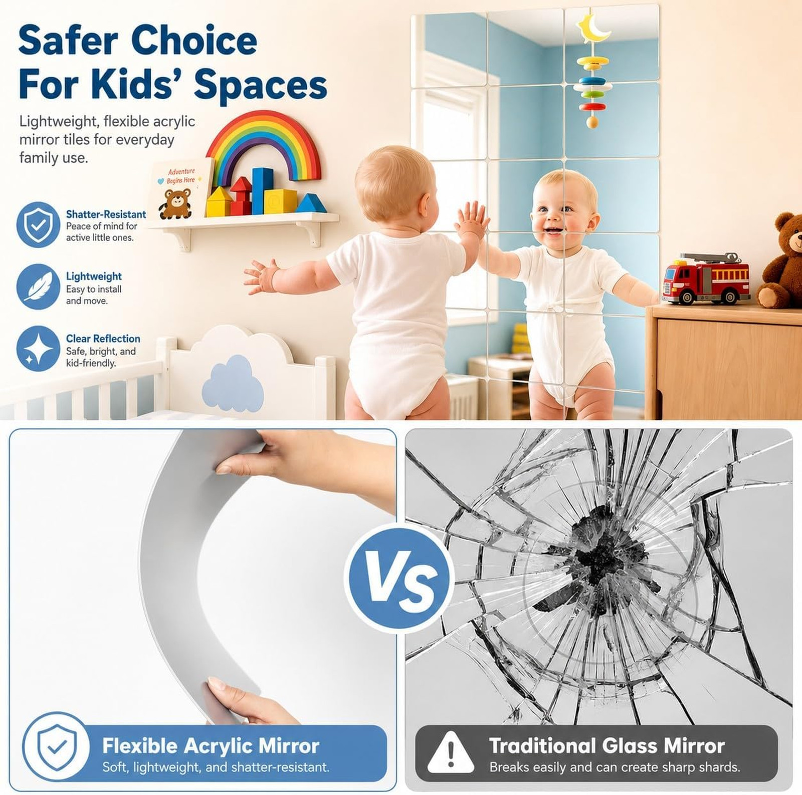Peel and Stick Mirror Tiles 8 Inch Acrylic Self Adhesive Wall Decor for Bedroom