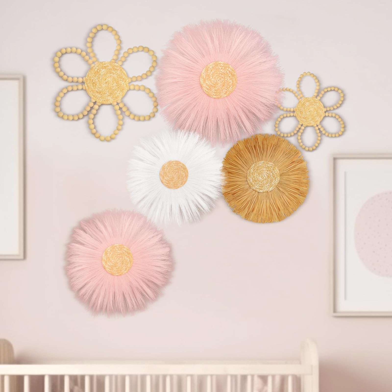 Soaoo 6 Pcs Boho Nursery Decor for Girl Daisy Flower Woven Macrame Wall Hangi…