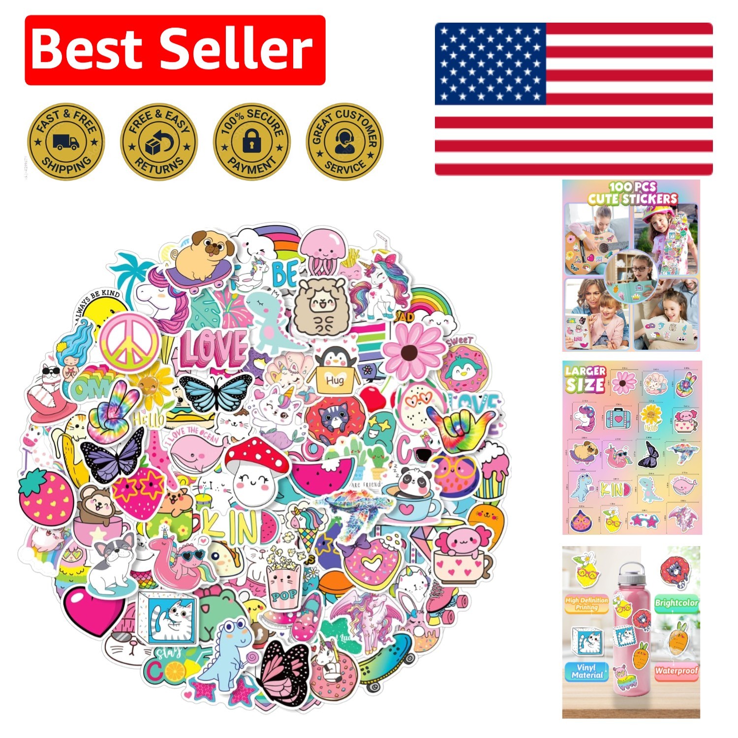 Art Deco 100 PCS Cute Animal Stickers for Kids – Perfect for Bottles & Laptops