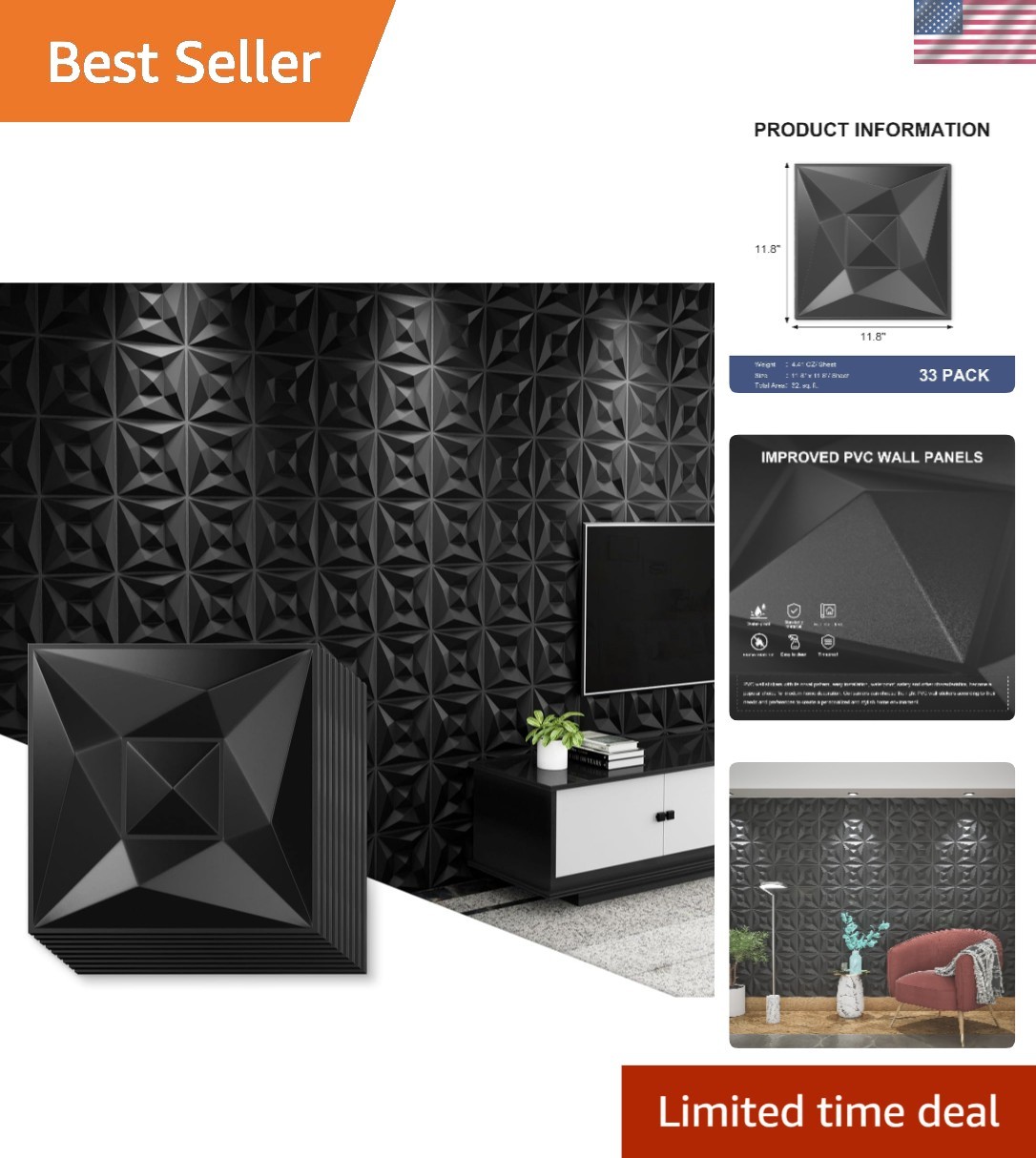 Paintable Black PVC 3D Wall Panels 33 Pack 11.8"x11.8" for Creative Interiors