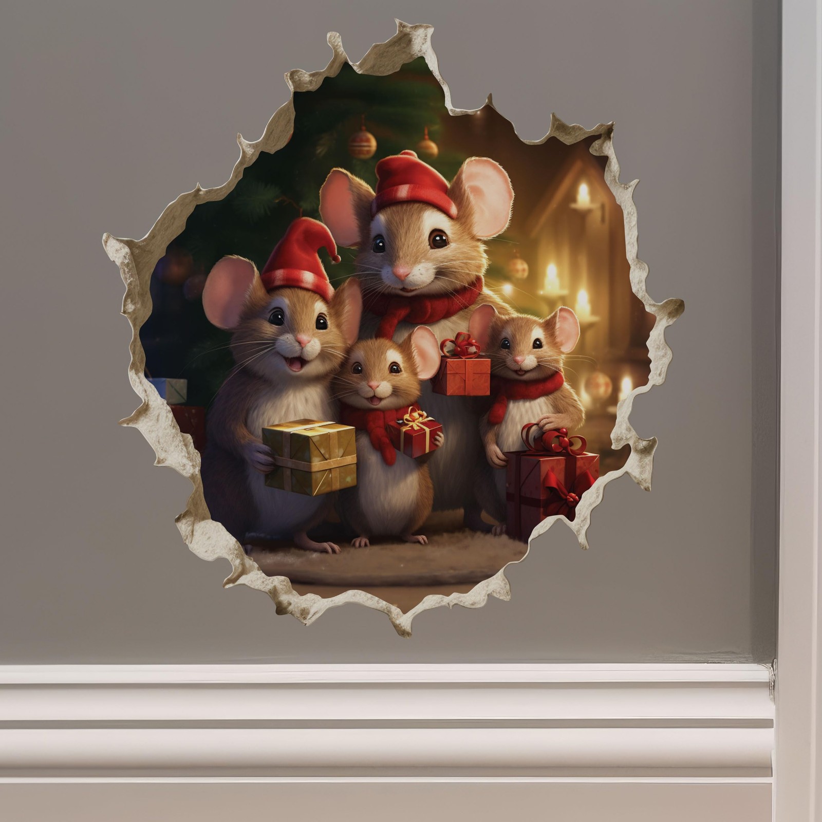 My Wonderful Walls Christmas Family Mouse Hole Decal 3D Effect 5×5 Multi