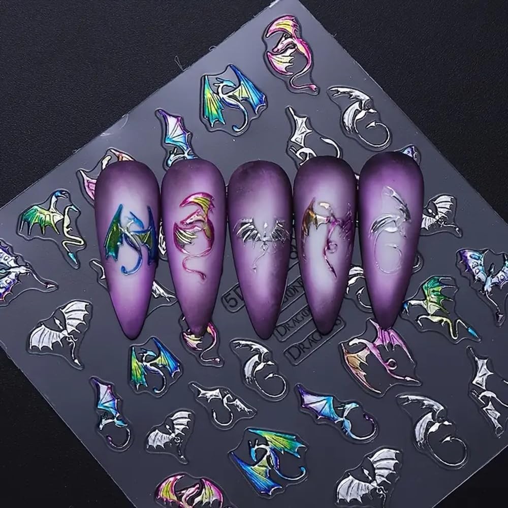 2 Sheets 5D Embossed Nail Art Stickers, Silvery Colored Bat Flying Dragon Q2