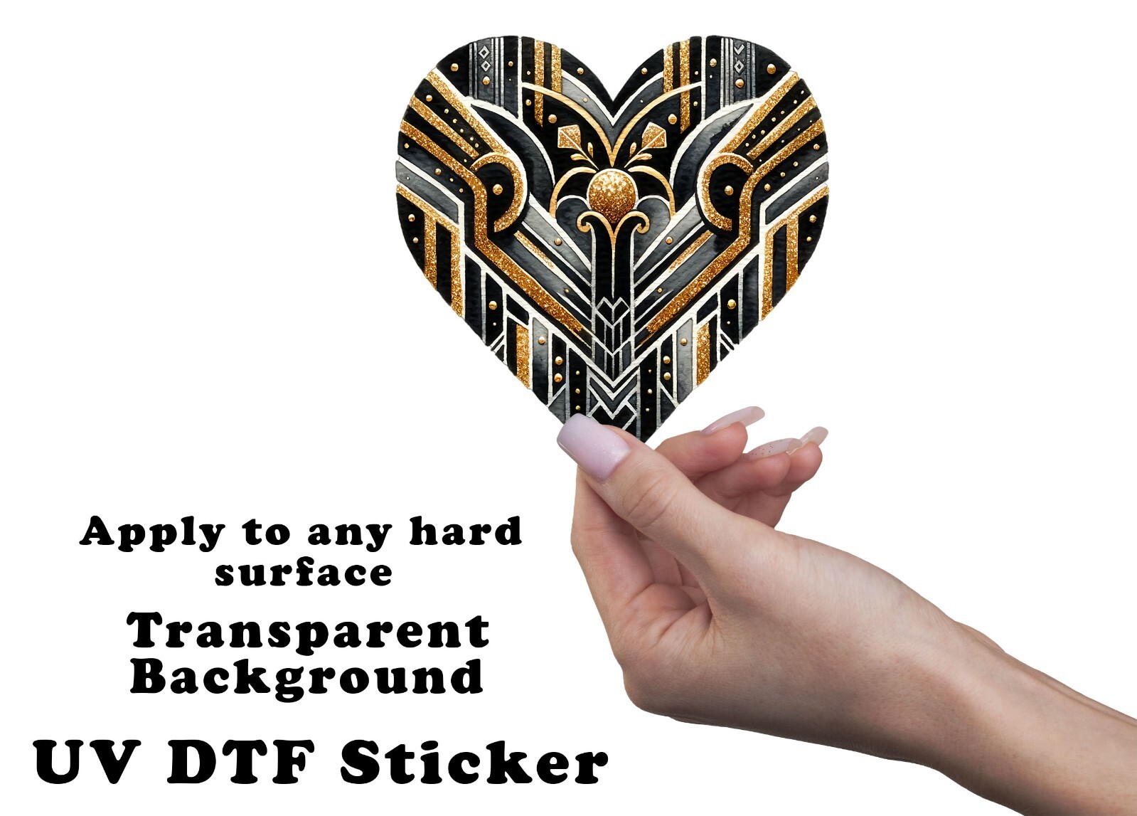 Black and Gold Art Deco Heart UV DTF Transparent Sticker / Decal