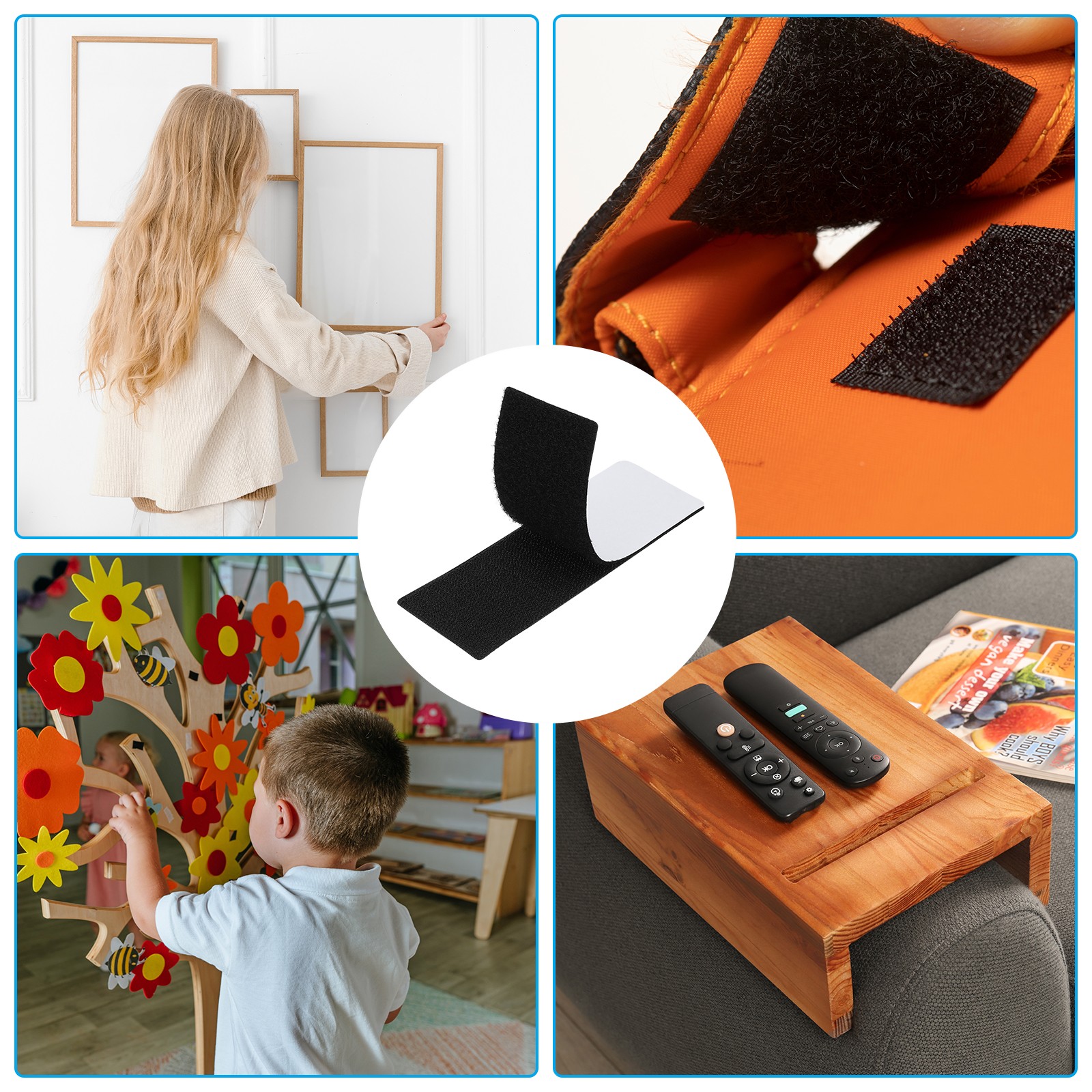 1.2×3.9 Inches Hook and Loop Dots 16 Sets Rectangle Self Adhesive Tape Black